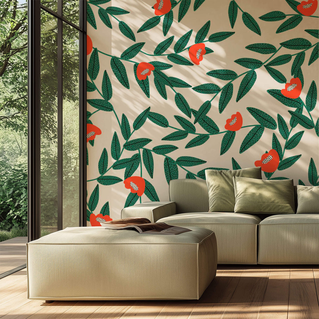 Tapet Personalizat Floral cu model floral in culori vibrante de verde si rosu - VIBRANT FLORAL PATTERN