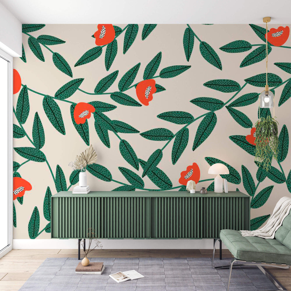 Tapet Personalizat Floral cu model floral in culori vibrante de verde si rosu - VIBRANT FLORAL PATTERN