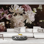 Fototapet Personalizat Floral cu aranjament floral si fluturi intr-un fundal maro inchis - FLORAL BROWN BOUQUET