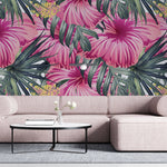 Tapet Personalizat Floral cu flori mari de hibiscus roz si frunze de palmier - PINK HIBISCUCS