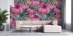Tapet Personalizat Floral cu flori mari de hibiscus roz si frunze de palmier - PINK HIBISCUCS
