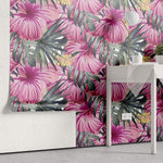 Tapet Personalizat Floral cu flori mari de hibiscus roz si frunze de palmier - PINK HIBISCUCS