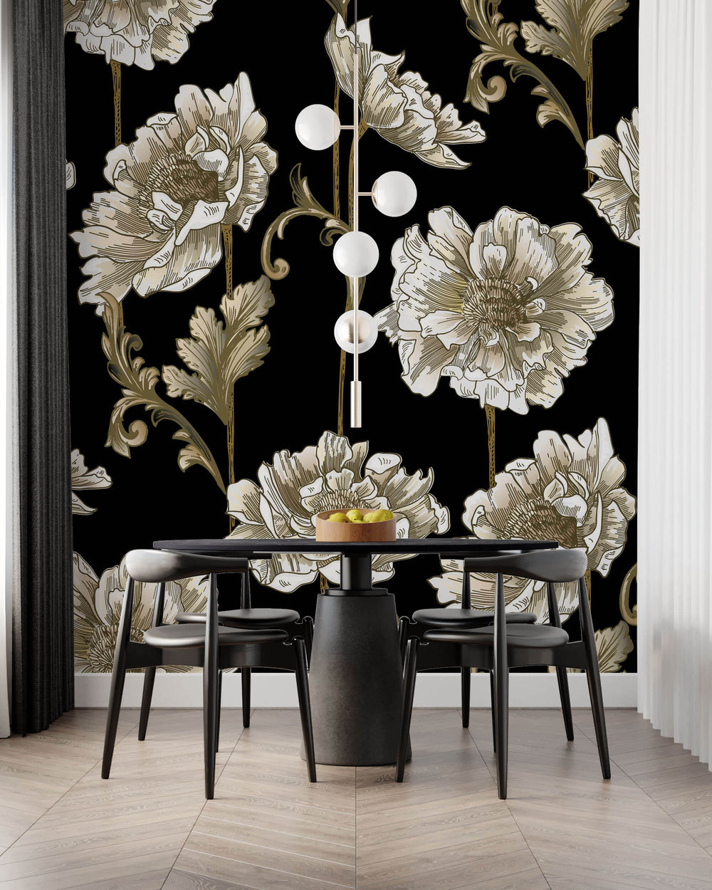 Tapet Personalizat Floral cu flori albe in stil elegant - BLACK & WHITE FLORAL PATTERN