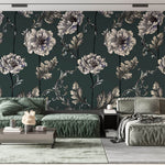 Tapet Personalizat Floral cu flori albe in stil elegant si fundal verde inchis - HAND-DRAWN ELEGANCE