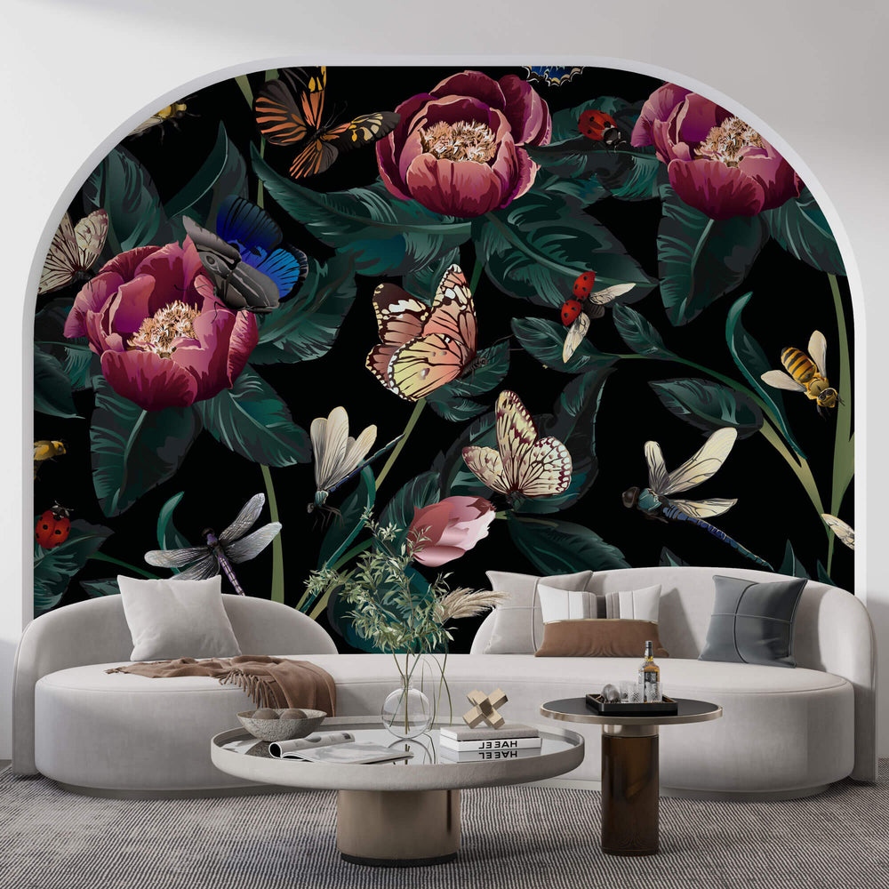 Tapet Personalizat Floral cu ilustratie florala cu plante si insecte - BEES AND FLOWERS