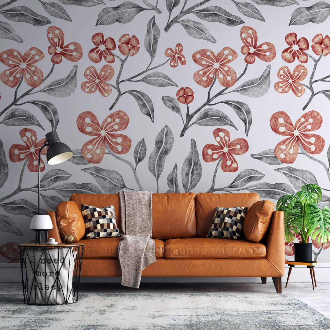 Tapet Personalizat Floral cu flori micute rosii si funze gri - SEAMLESS FLORAL PATTERN