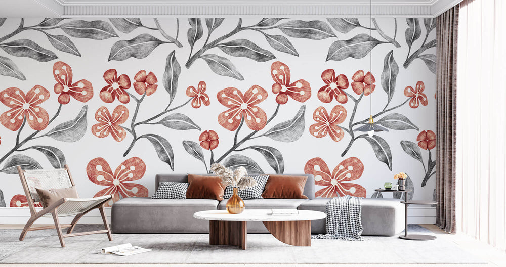 Tapet Personalizat Floral cu flori micute rosii si funze gri - SEAMLESS FLORAL PATTERN