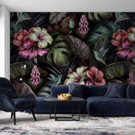 Tapet Personalizat Floral cu hibiscus inflorit multicolor si frunze verde inchis - TROPICAL HIBISCUS