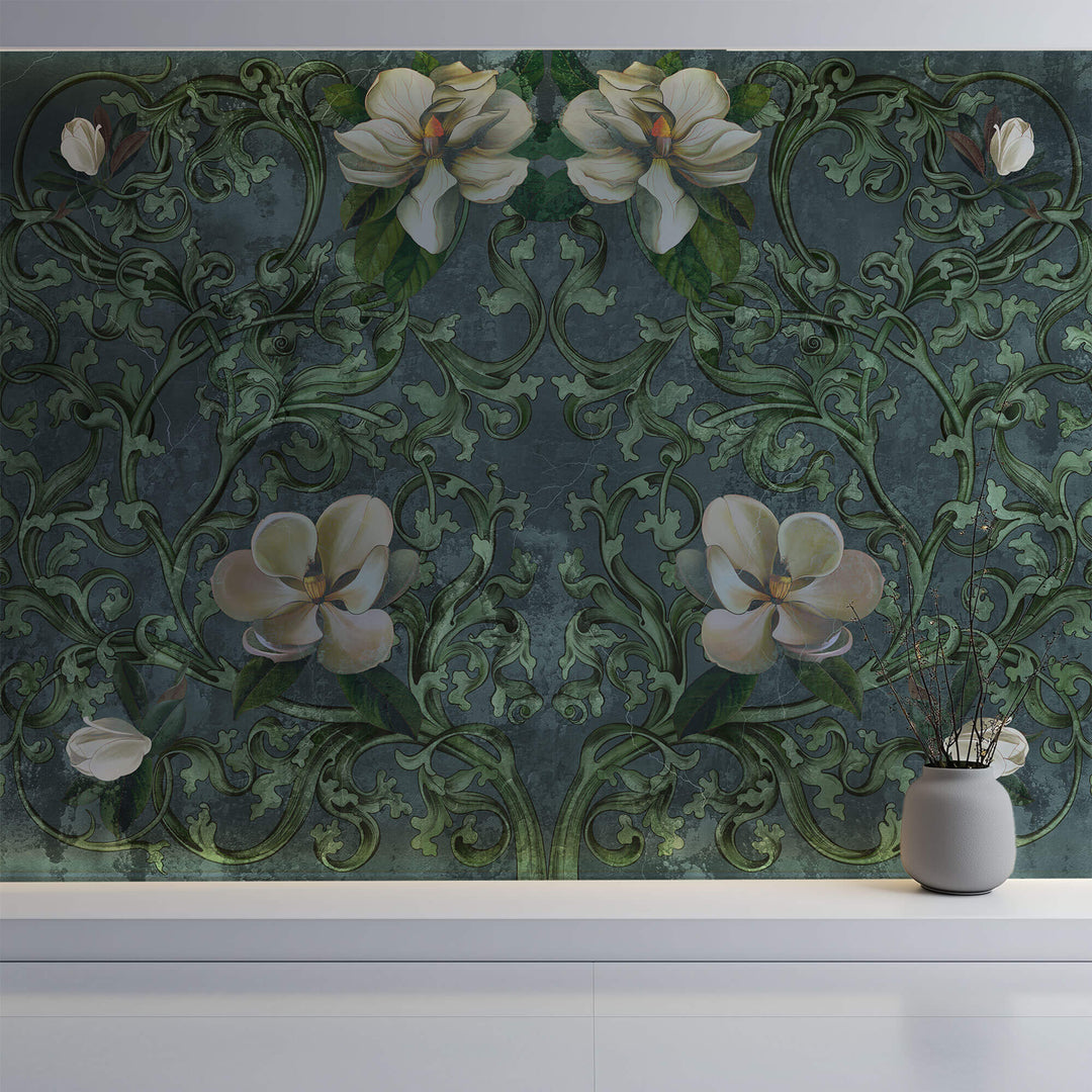 Tapet Personalizat Floral cu ilustratie florala in stil imperial cu fundal verde inchis - GRUNGE FLORAL DECOR