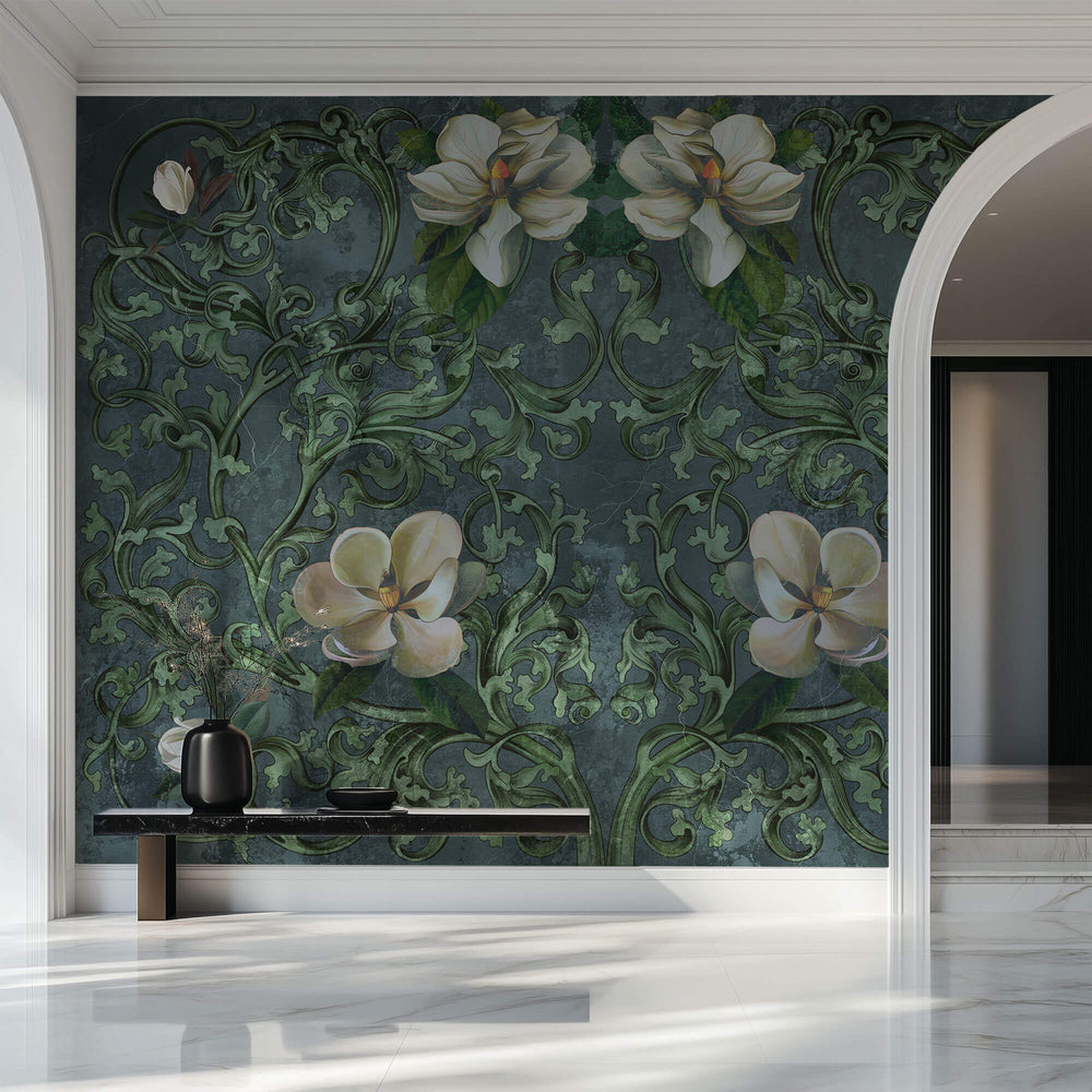 Tapet Personalizat Floral cu ilustratie florala in stil imperial cu fundal verde inchis - GRUNGE FLORAL DECOR