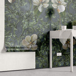 Tapet Personalizat Floral cu ilustratie florala in stil imperial cu fundal verde inchis - GRUNGE FLORAL DECOR