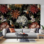 Tapet Personalizat Floral cu flori si pasari ilustrate cu fundal negru - DARK EXOTIC FLOWER PATTERN