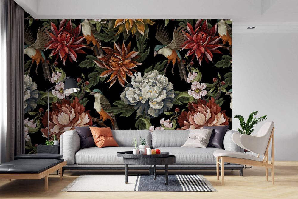 Tapet Personalizat Floral cu flori si pasari ilustrate cu fundal negru - DARK EXOTIC FLOWER PATTERN