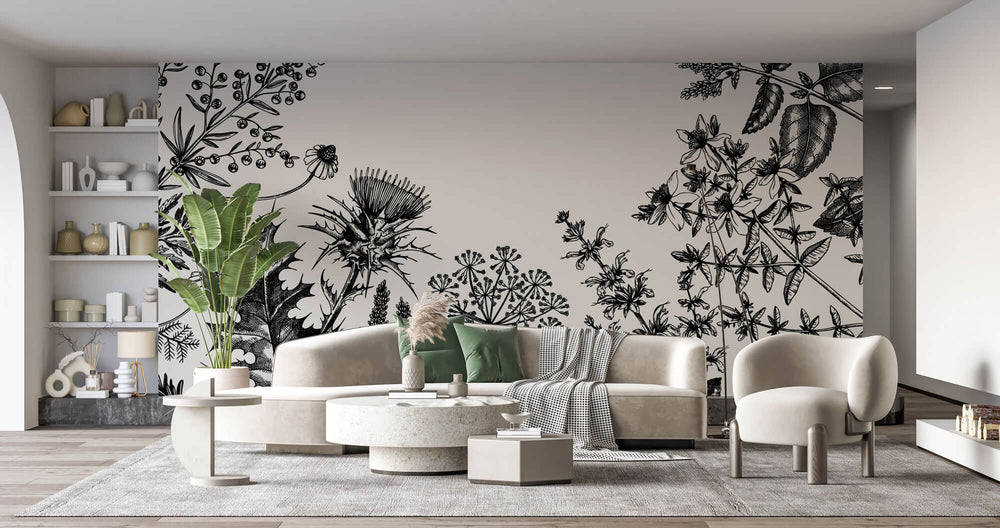 Tapet Personalizat Floral cu flori de camp desenate - MINIMALIST BLACK FLORAL