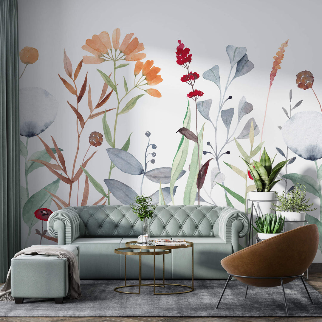 Tapet Personalizat Floral cu flori fragile colorate in stil watercolor - SOFT WATERCOLOR PLANTS