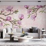 Tapet Personalizat Floral cu ramuri de magnolie mov si fundal roz texturat - MAGNOLIA BRANCH II