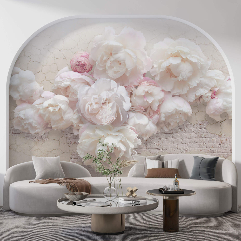 Fototapet Personalizat Floral cu bujori trandafirii pe un perete crapat cu caramida alba - BRICK VINTAGE ROSES