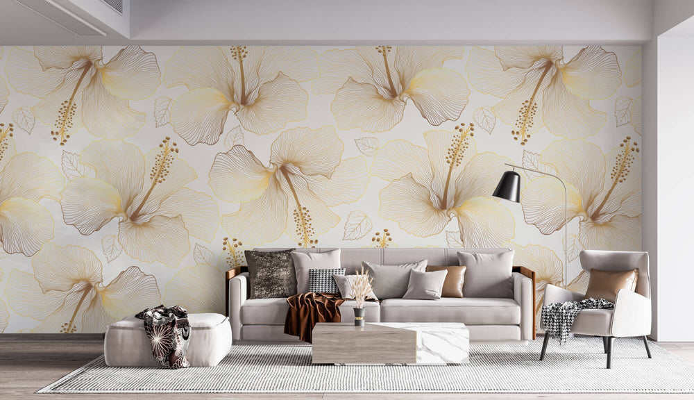 Tapet Personalizat Floral cu flori de hibiscus aurii - GOLDEN HIBISCUS