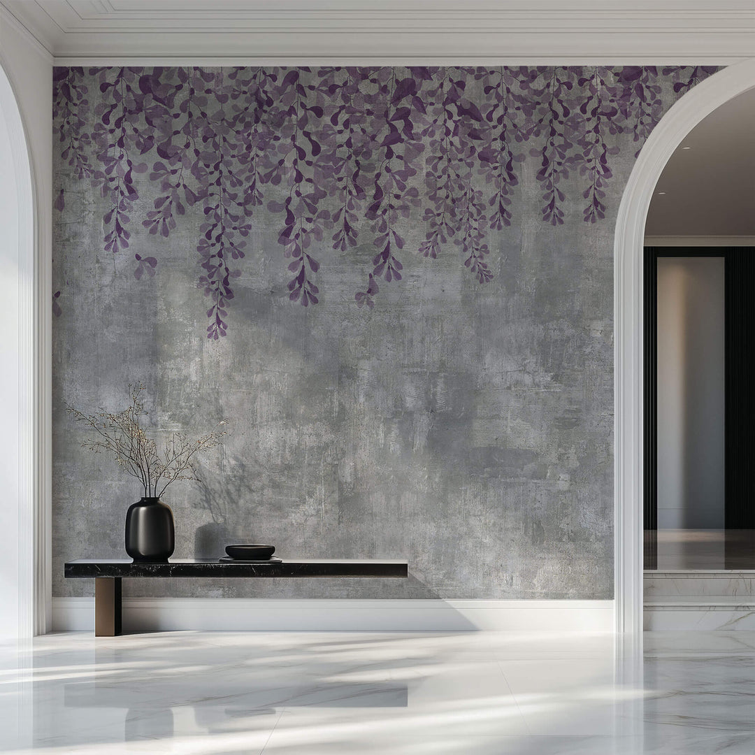 Tapet Personalizat Floral cu flori curgatoare mov pe un perete de ciment gri - CONCRETE LILA FLOWERS