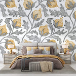 Tapet Personalizat Floral cu flori de bumbac galbene si frunze gri - YELLOW COTTON