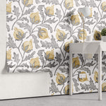 Tapet Personalizat Floral cu flori de bumbac galbene si frunze gri - YELLOW COTTON