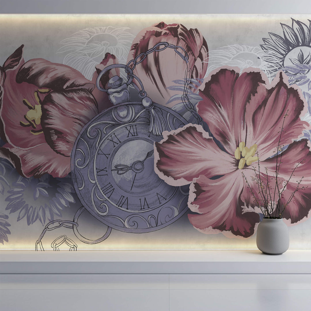 Tapet Personalizat Floral cu flori si un ceas vintage - WATCH FLOWERS