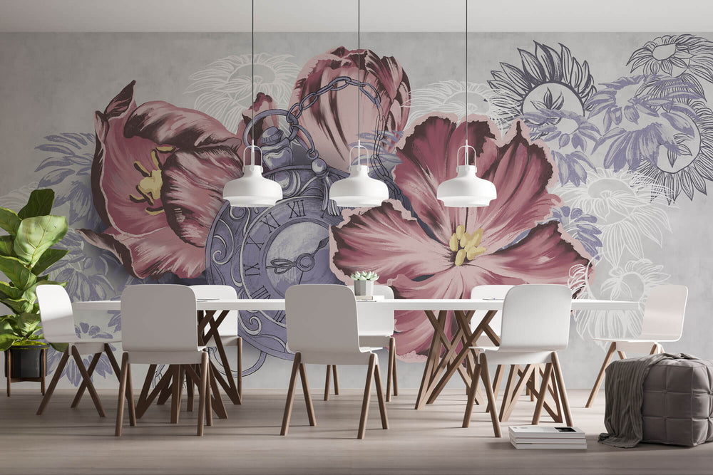 Tapet Personalizat Floral cu flori si un ceas vintage - WATCH FLOWERS