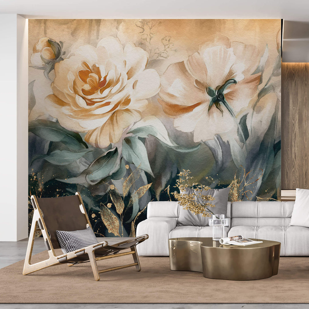 Tapet Personalizat Floral cu flori in nuante de portocaliu piersica si insertii aurii - CARAMEL ROSES GOLD