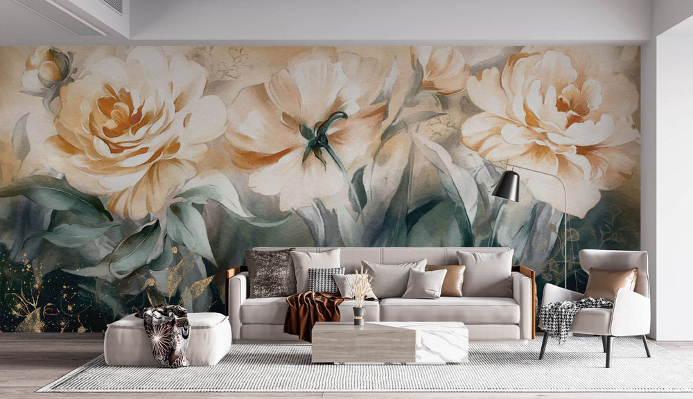 Tapet Personalizat Floral cu flori in nuante de portocaliu piersica si insertii aurii - CARAMEL ROSES GOLD