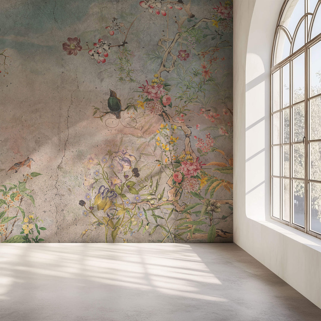 Tapet Personalizat Floral cu elemente florale multicolore pe un fundal de perete cimentat - COLORFUL GARDEN PASTEL