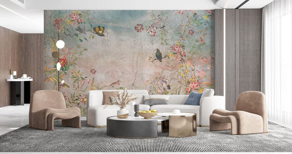 Tapet Personalizat Floral cu elemente florale multicolore pe un fundal de perete cimentat - COLORFUL GARDEN PASTEL