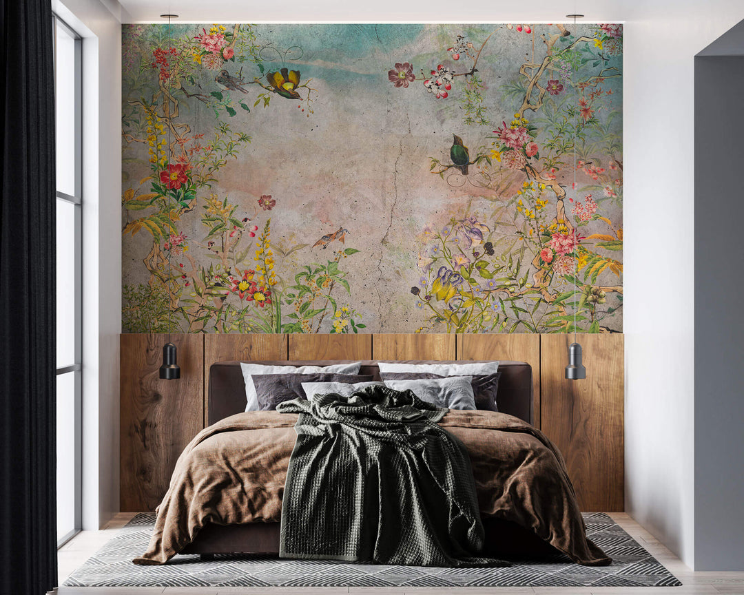 Tapet Personalizat Floral cu elemente florale in culori vibrante pe un fundal de perete cimentat - COLORFUL GARDEN VIVID