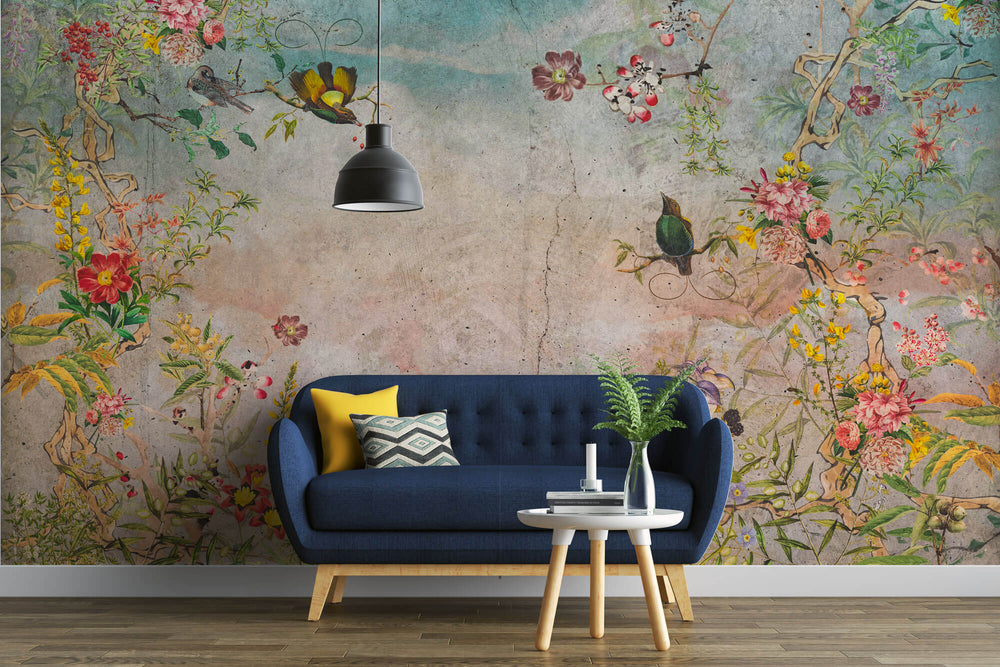 Tapet Personalizat Floral cu elemente florale in culori vibrante pe un fundal de perete cimentat - COLORFUL GARDEN VIVID