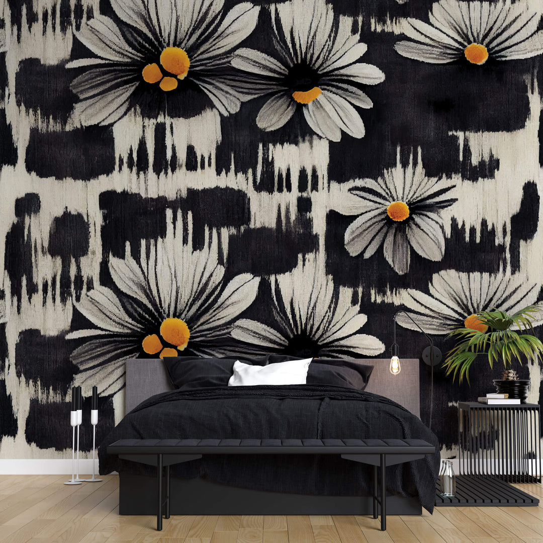 Tapet Personalizat Floral cu margarete albe in fundal negru pictat - BLACK DAISY
