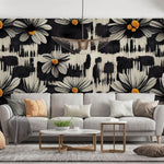 Tapet Personalizat Floral cu margarete albe in fundal negru pictat - BLACK DAISY