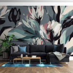 Tapet Personalizat Floral cu flori pictate cu accente roz si albastrui - BRUSHED FLOWERS