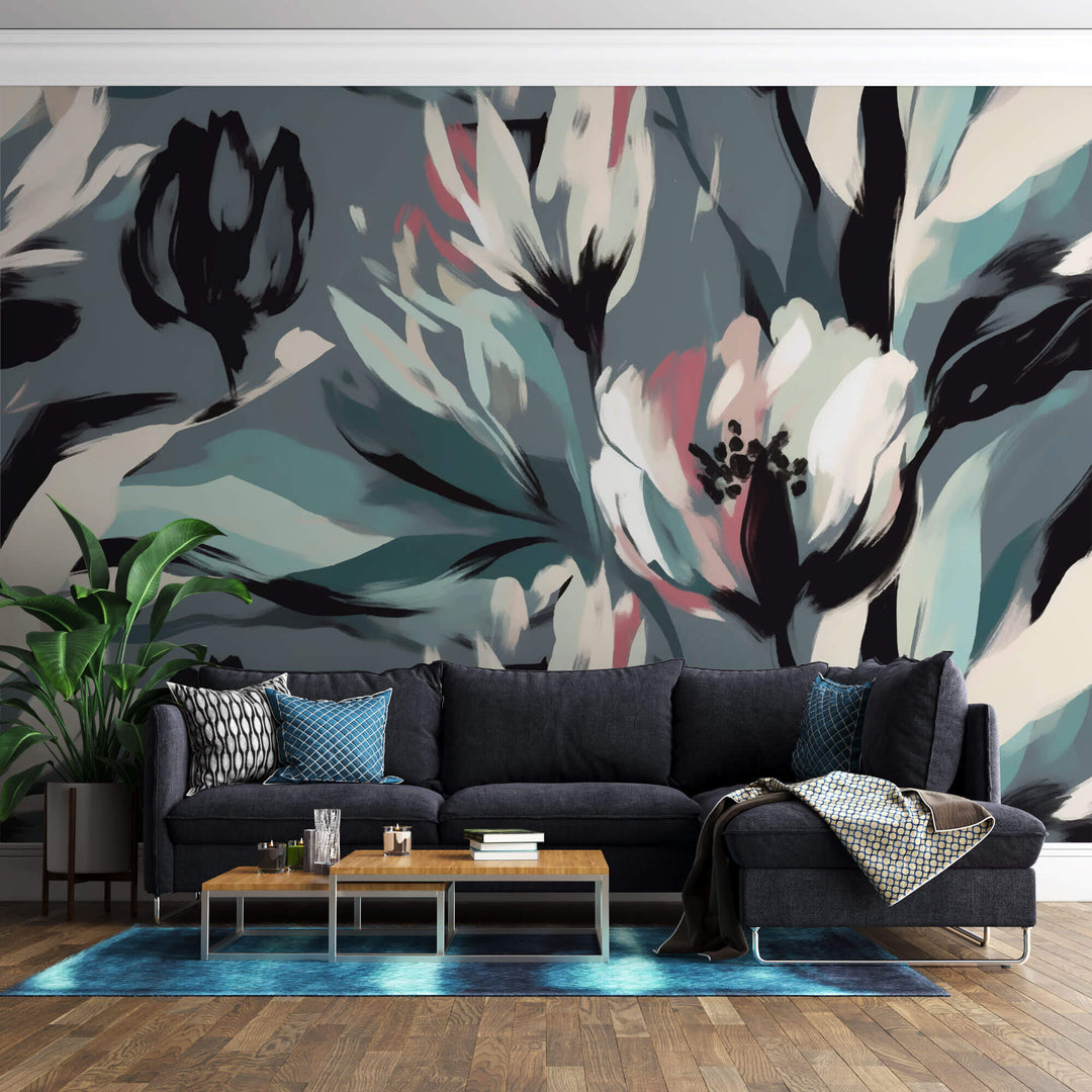 Tapet Personalizat Floral cu flori pictate cu accente roz si albastrui - BRUSHED FLOWERS