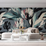 Tapet Personalizat Floral cu flori pictate cu accente roz si albastrui - BRUSHED FLOWERS