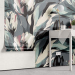 Tapet Personalizat Floral cu flori pictate cu accente roz si albastrui - BRUSHED FLOWERS