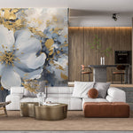 Tapet Personalizat Floral cu pictura florala in nuante de albastru cu accente aurii - PAINTED FLORAL MURAL