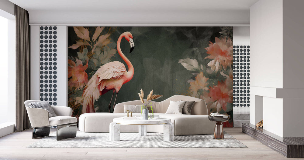 Tapet Personalizat Floral cu flori exotice roz si flamingo - FLORAL FLAMINGO