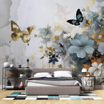 Tapet Personalizat Floral cu pictura florala in nuante de albastru si fluturi aurii - GOLDEN BUTTERFLY