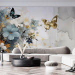 Tapet Personalizat Floral cu pictura florala in nuante de albastru si fluturi aurii - GOLDEN BUTTERFLY