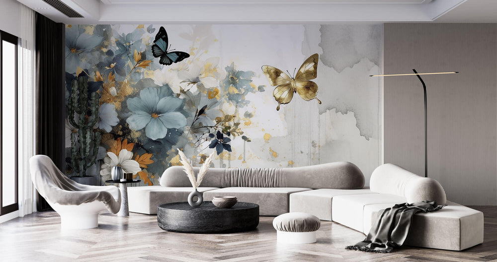 Tapet Personalizat Floral cu pictura florala in nuante de albastru si fluturi aurii - GOLDEN BUTTERFLY