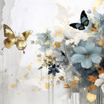 Tapet Personalizat Floral cu pictura florala in nuante de albastru si fluturi aurii - GOLDEN BUTTERFLY