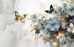 Tapet Personalizat Floral cu pictura florala in nuante de albastru si fluturi aurii - GOLDEN BUTTERFLY