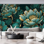 Tapet Personalizat Floral cu ilustratie florala in nuante de verde marin - EMERALD FLORAL