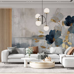 Tapet Personalizat Floral cu ilustratie florala abstracta in nuante de albastru si auriu - ABSTRACT GOLDEN FLORALS