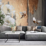 Tapet Personalizat Floral cu flori albe si pasari cu fundal blurat si texturat - 3D BIRD FLORAL