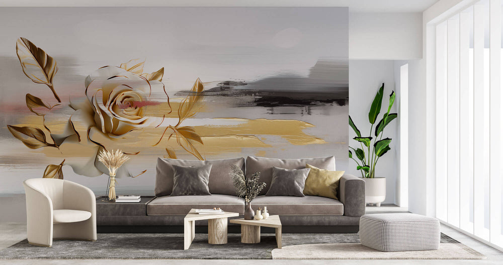 Tapet Personalizat Floral cu pictura abstracta in nuante aurii - SMUDGED GOLD FLORAL